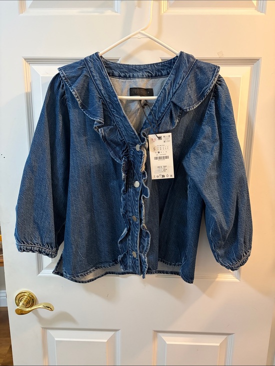 Zara Tops - Zara Blue Denim Ruffle-Trim Button Front Blouse